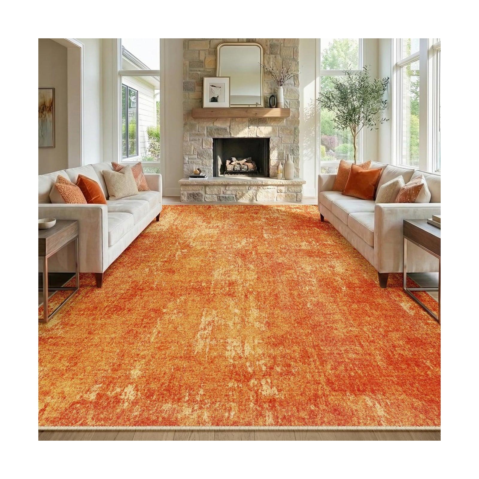 RELEANY Washable 9'x12' Abstract Area Rug for Living Room Orange