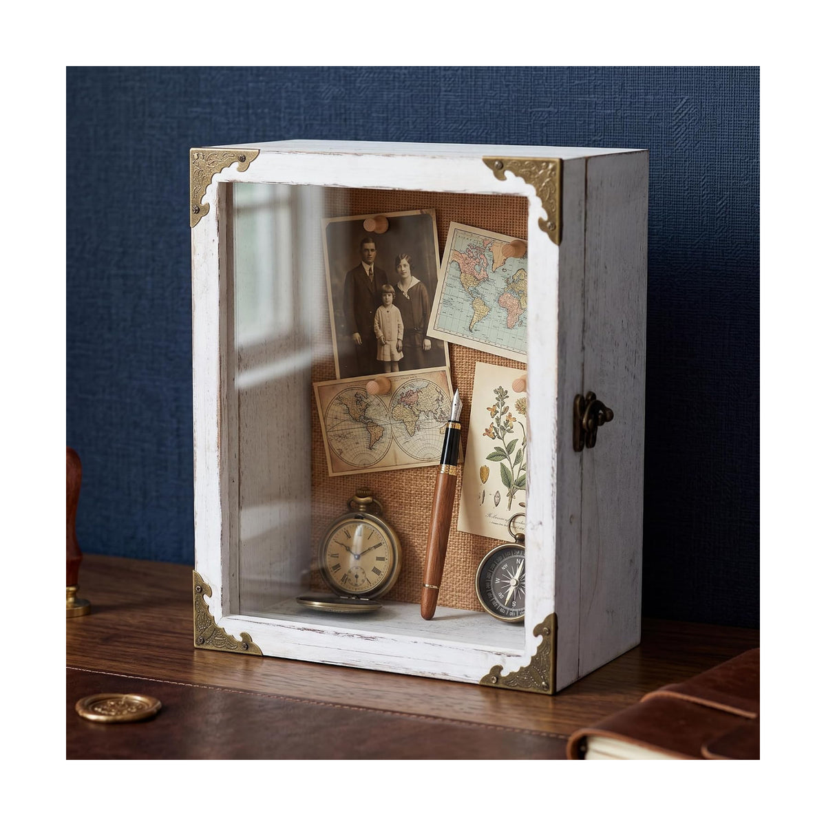 Deep Shadow Box Frame 8x10 with 3.5" Depth, White Wood Display Case with Real Glass Door, Vintage Lock, Extra Deep