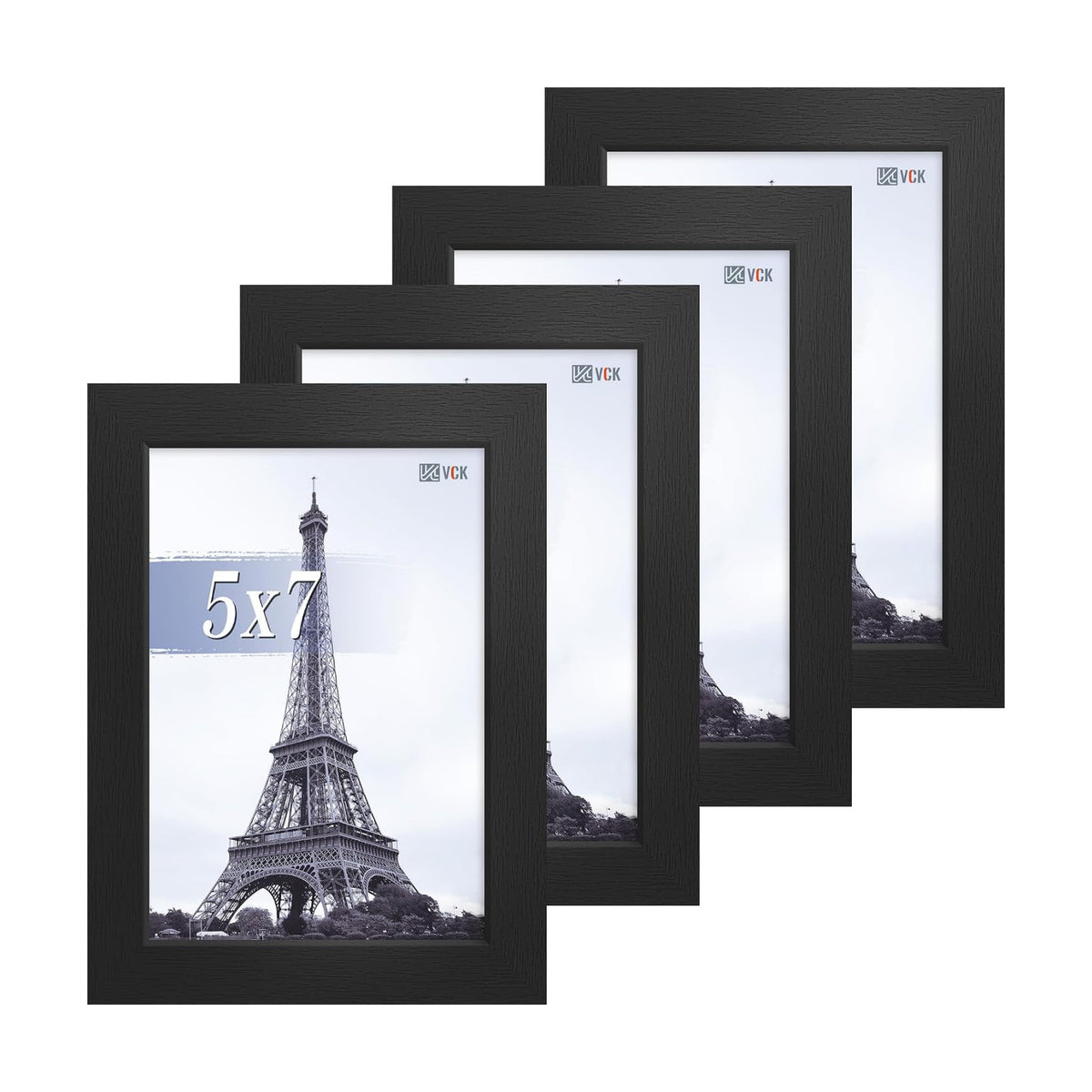 VCK 5x7 Picture Frame Black 4 Pack, Wide Thick Wood Border, for Photos | Exclusive Woodgrain, Wall/Tabletop, HD