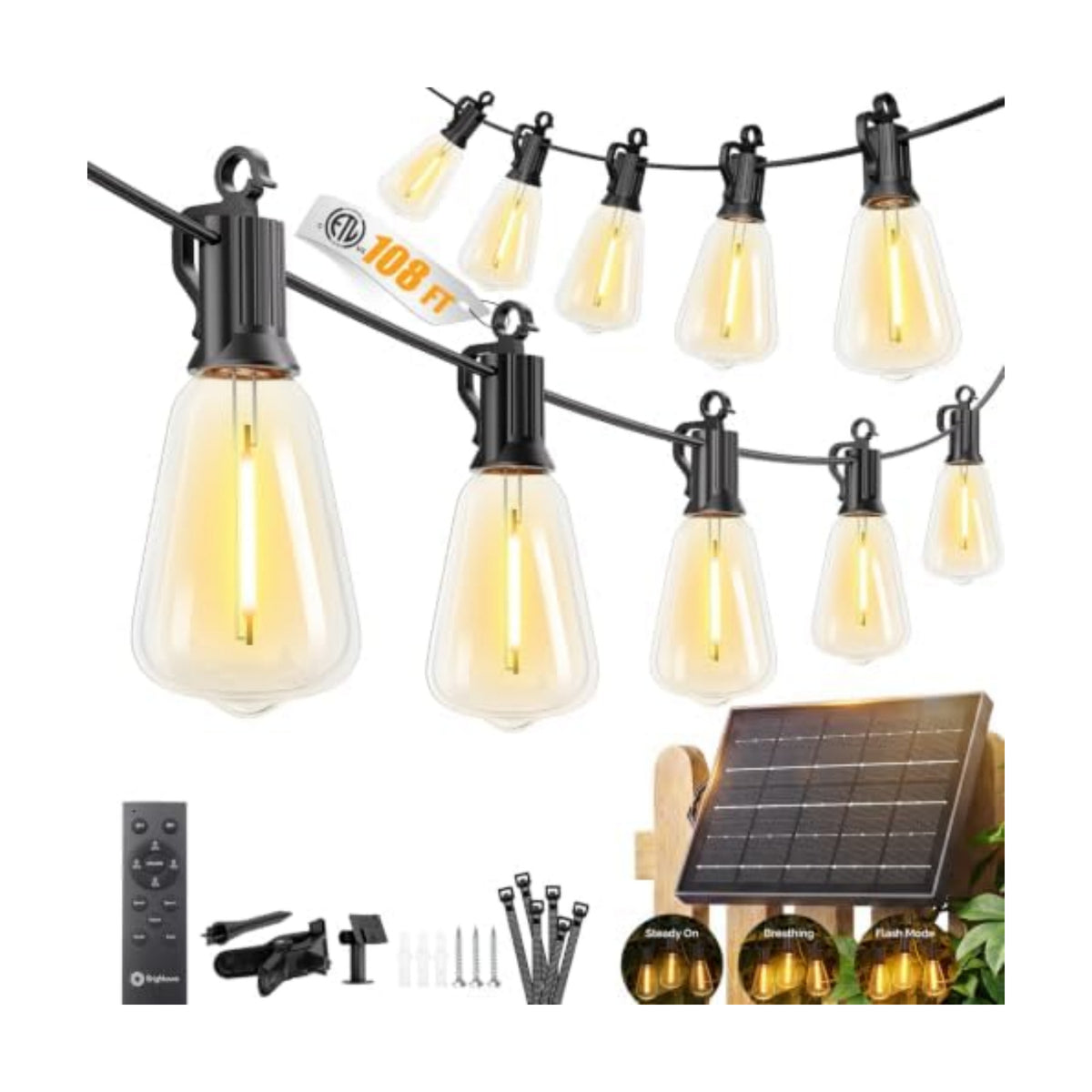 Brightown 108FT Solar String Lights Outdoor Waterproof, 26Hrs Runtime