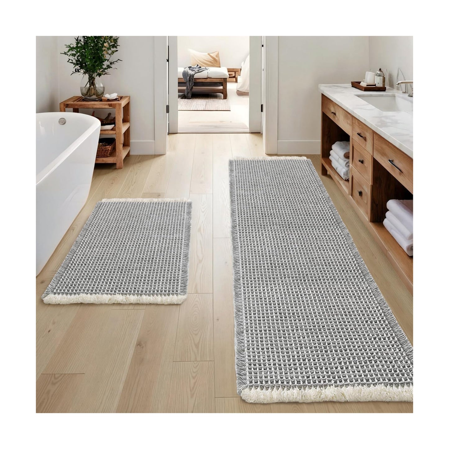 MIULEE Set of 2 Waffle Bathroom Rugs LightGrey&Cream 17"x24"+17"x48"