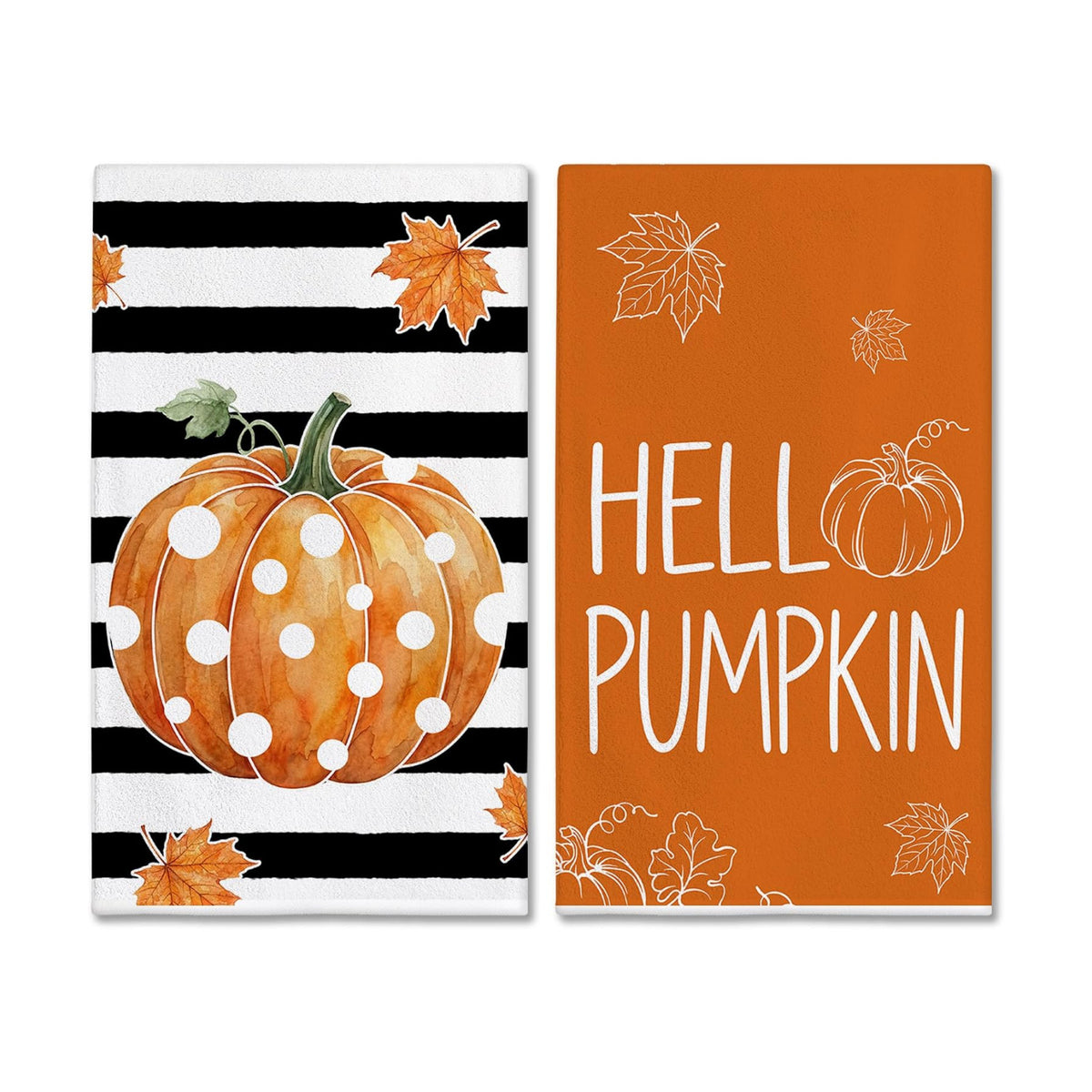 Bonsai Tree Fall Kitchen Towels, Pumpkin Fall Decor, Stripe Hand Towels