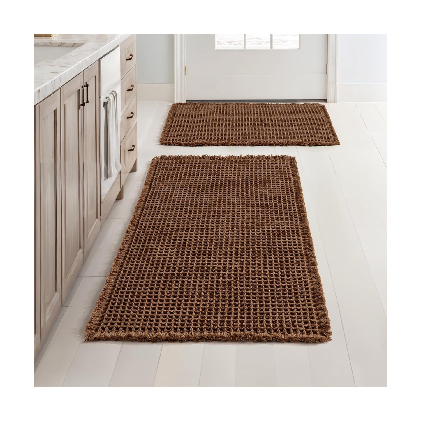 MIULEE Set of 2 Waffle Bathroom Rugs Boho Bath Mat Mocha 17"x24"+20"x32"