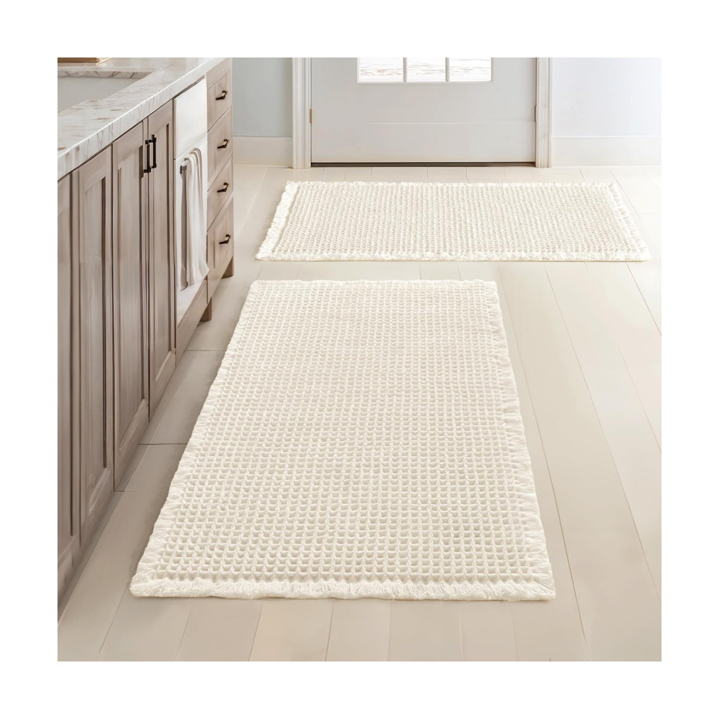 MIULEE Set of 2 Waffle Bathroom Rugs Boho Bath Mat Cream White 20x32 Inch