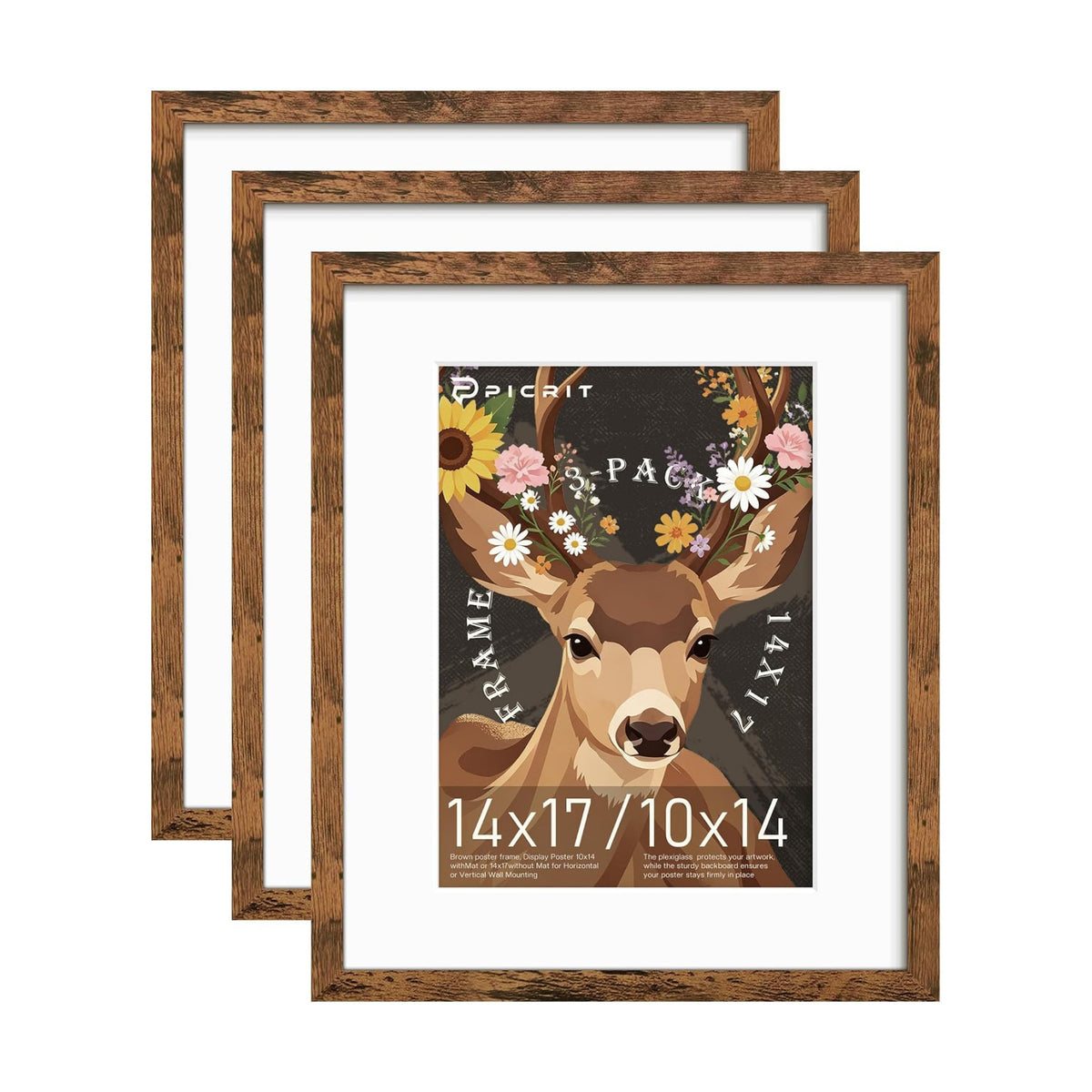 14x17 Rustic Brown Picture Frame, Poster Frame for Wall, 3 Pack | Fits 10x14 Photos With Mat or 14x17 Without Mat