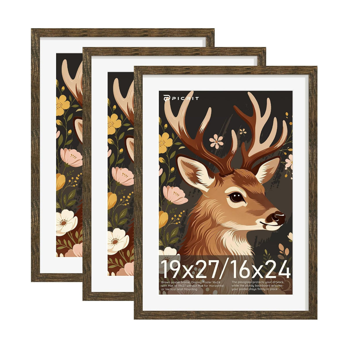 19x27 Rustic Brown Poster Frame, Picture Frame for Wall, 3 Pack | Fits 16x24 Photos With Mat or 19x27 Without Mat