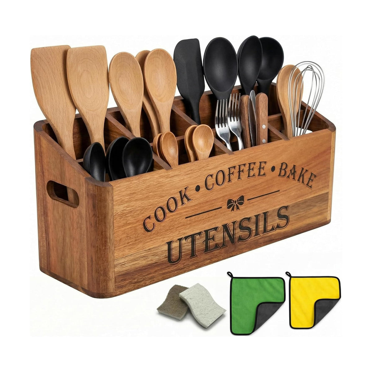 Acacia Wood Utensil Holder, 4 Compartments, Countertop or Wall | Extra-large acacia wood holder with ventilation holes