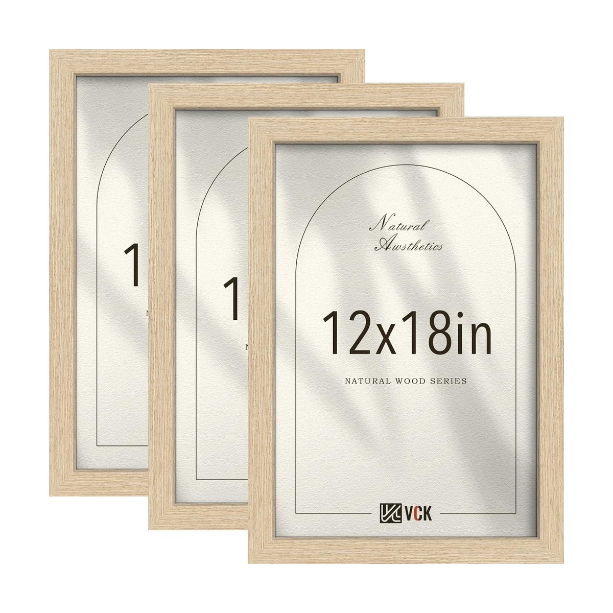 VCK 12x18 Picture Frames Set of 3, Natural Oak Woodgrain, Wall Hanging | Wide Border, Exclusive Woodgrain, Shatterproof