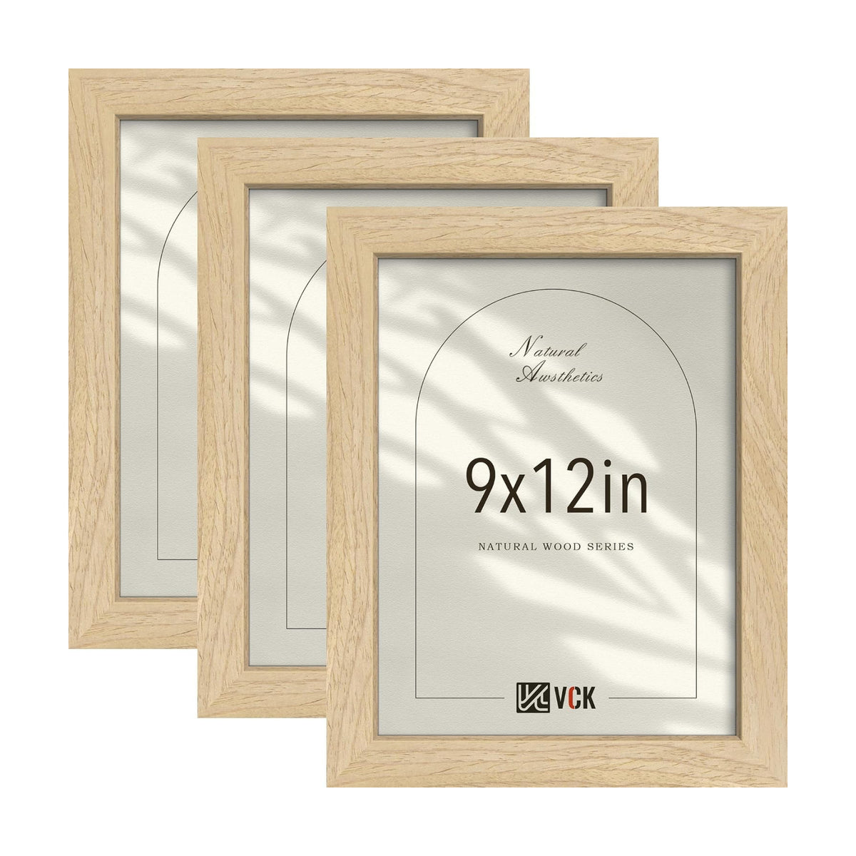 VCK 9x12 Picture Frame Set of 3, Natural Solid Wood, Wall/Tabletop Display | Wide Border, Light Woodgrain, Shatterproof