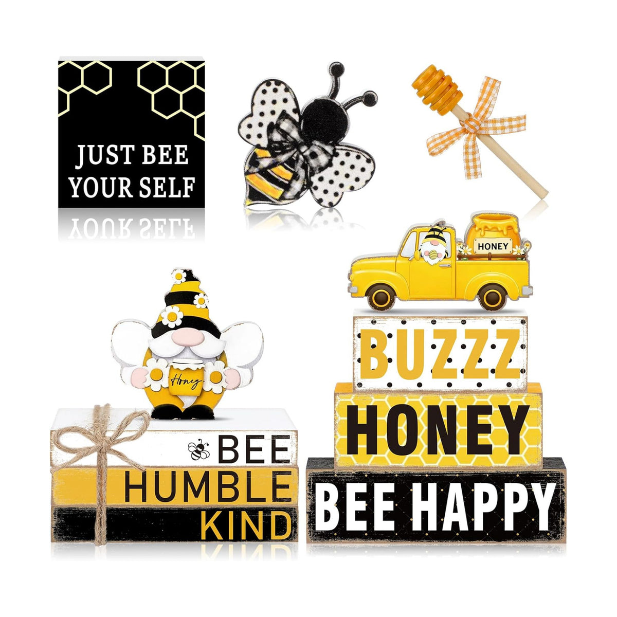 11 Pcs Bee Table Decorations Bee Tiered Tray Decorations Set Gnome Stack Signs Honey Farmhouse Rustic Wooden Table Centerpieces for Home Party