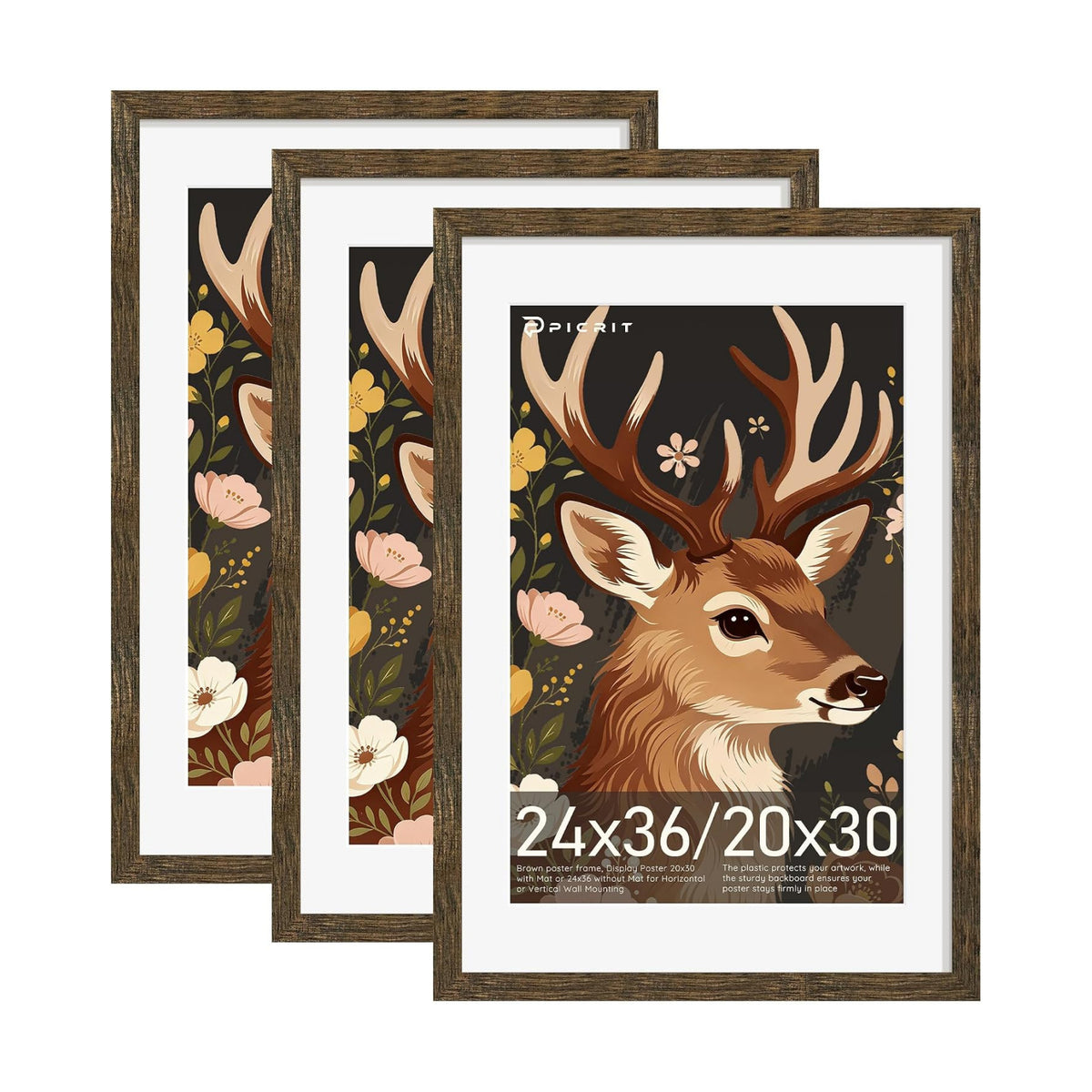 24x36 Rustic Brown Poster Frame, Picture Frame for Wall, 3 Pack | Fits 20x30 Photos With Mat or 24x36 Without Mat