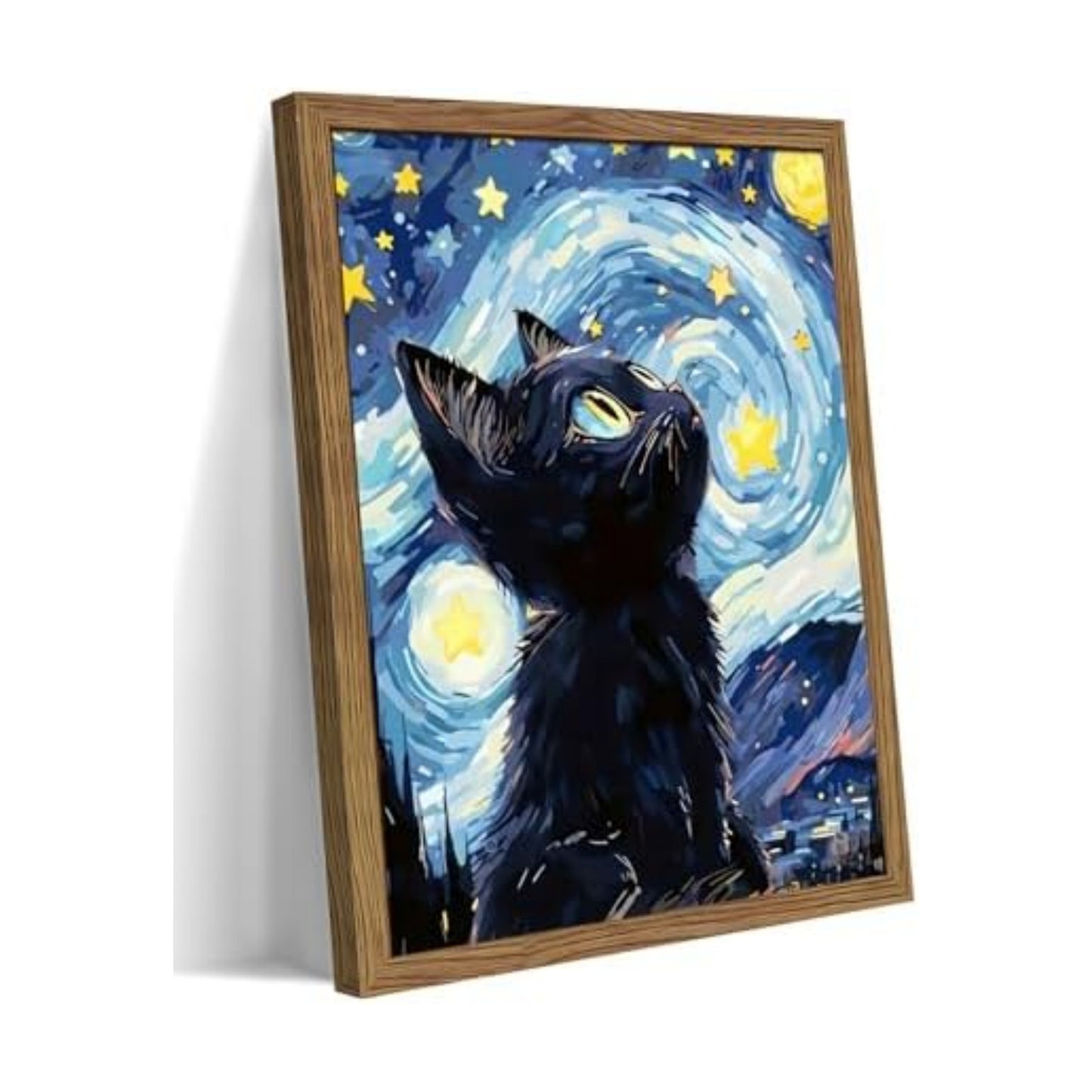 Framed Black Cat Wall Art, Van Gogh Starry Night Canvas Wall Decor, Cute Cat Animal Poster Print Picture, Impressionist