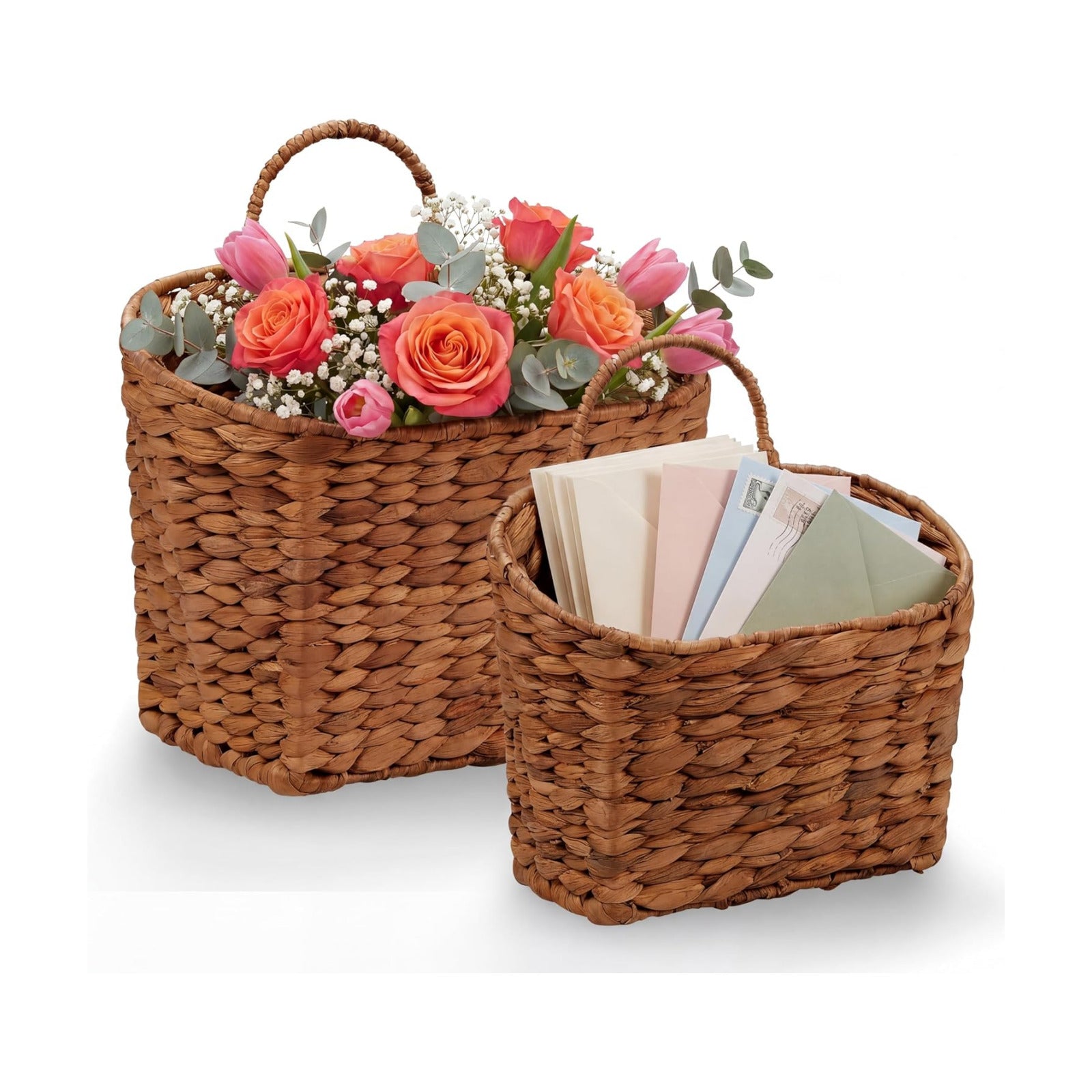Red Brown Wicker Hanging Baskets for Front Door / Red Brown Water Hyacinth / Set of 2