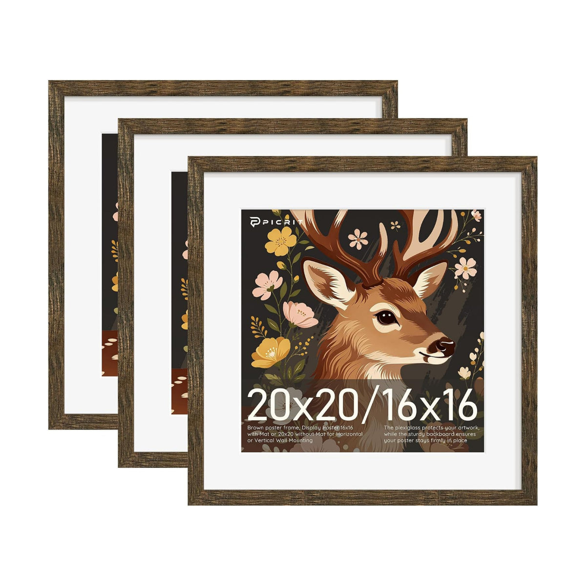 20x20 Rustic Brown Picture Frame, Poster Frame for Wall, 3 Pack | Fits 16x16 Photos With Mat or 20x20 Without Mat