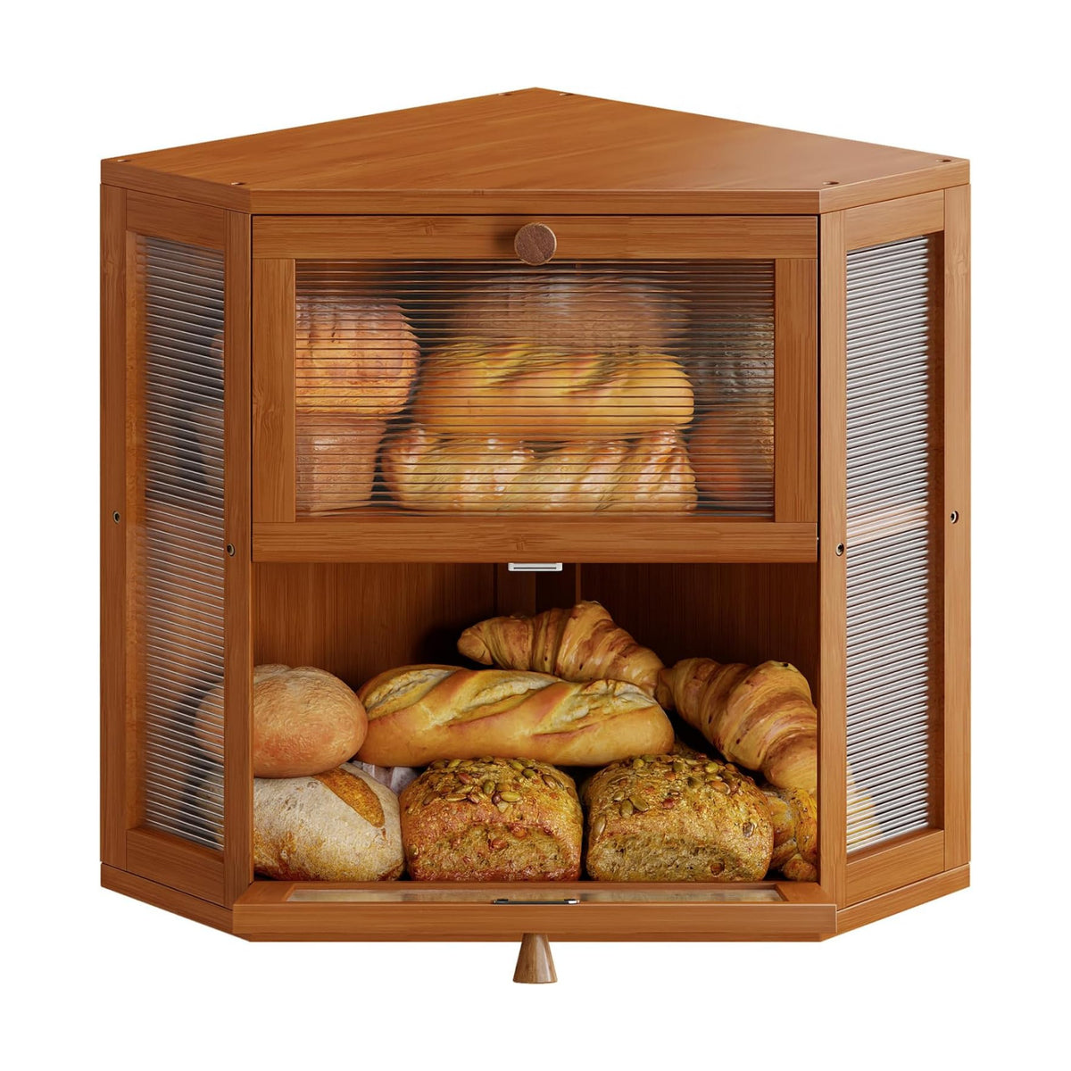 WOWLIVE Double Layer Corner Bread Box for Kitchen Countertop with 2 Doors | Bamboo Bread Storage Container, Large
