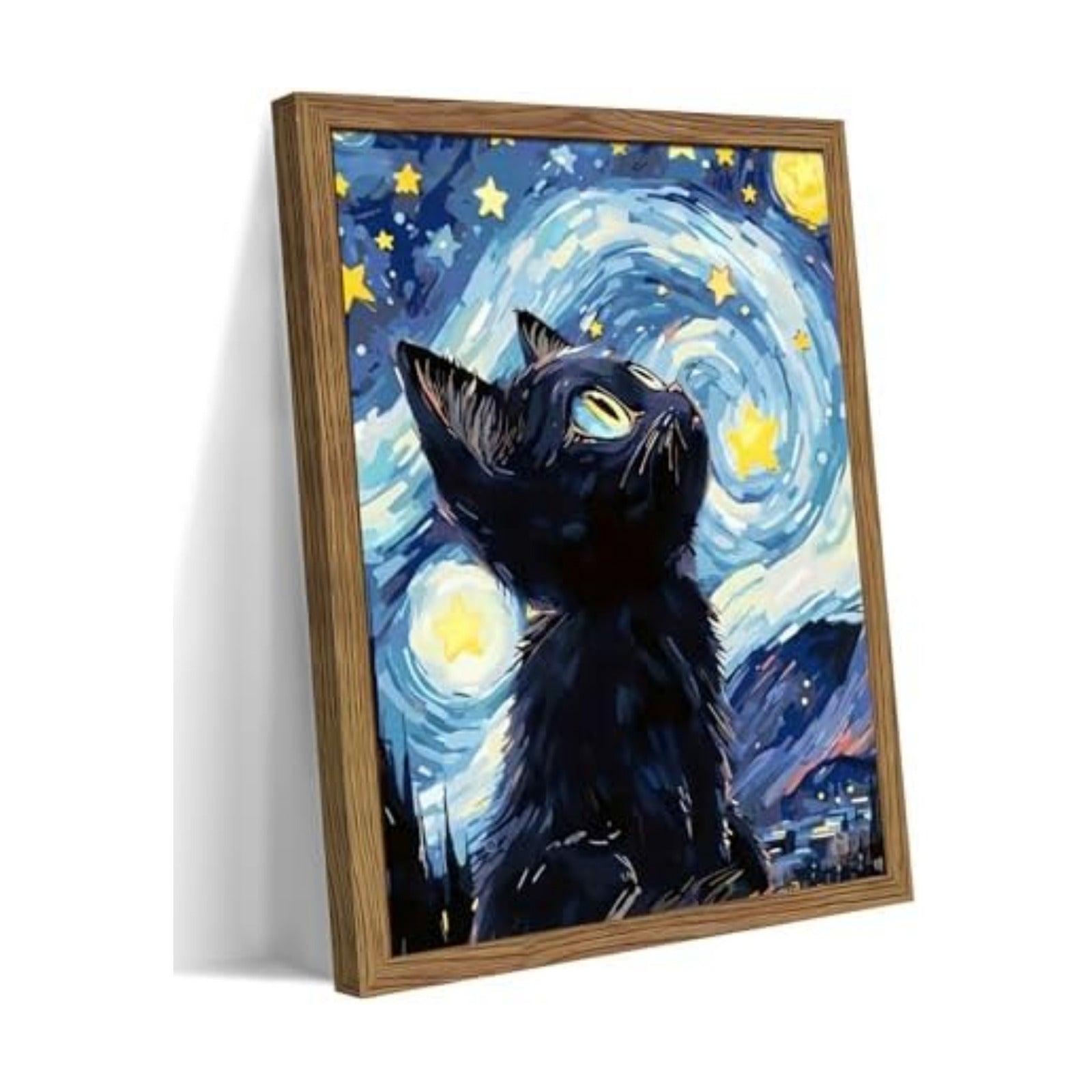 Framed Black Cat Wall Art, Van Gogh Starry Night Canvas Wall Decor, Cute Cat Animal Poster Print Picture, Impressionist