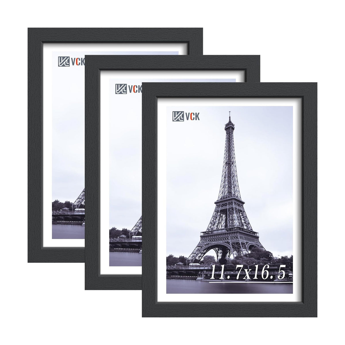 VCK A3 Solid Wood Picture Frame - Black 11.7x16.5 Poster Frames with Wall Mounting Hanging Set of 3