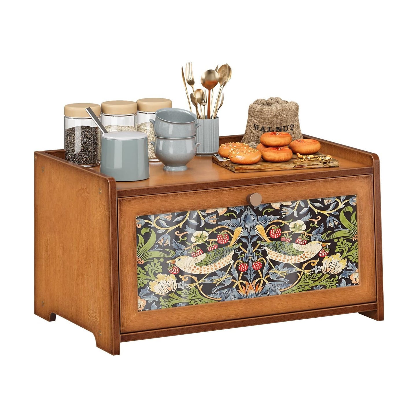 Trironsun Bamboo Bread Box for Kitchen Counter Black Bread Storage Container with Acrylic Door William Morris Flower