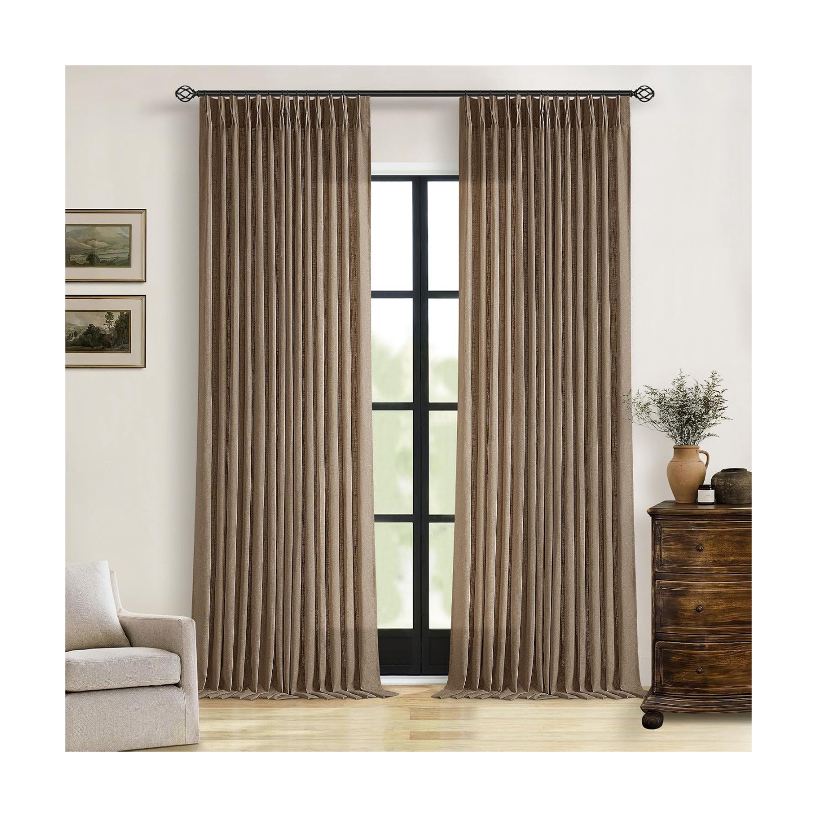 92 Inch Memory Shaped Light Filtering Linen Pleat Brown Window Curtains