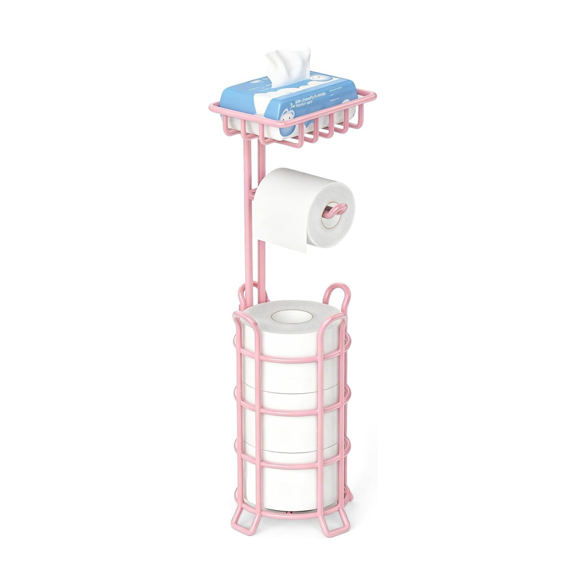 TomCare Toilet Paper Holder Free Standing with Shelf, Stable 4 Raised Feet | Stores 4 Mega Rolls, Tool-Free Assembly