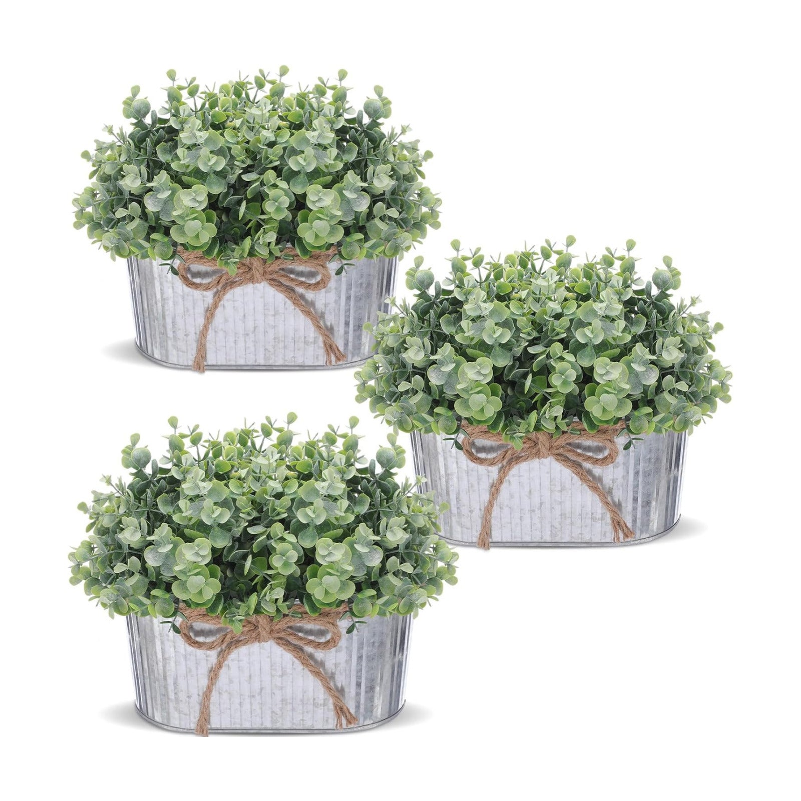Spring Mini Potted Artificial Fake Plants Farmhouse Galvanized Metal Pots / Eucalyptus / Set of 3