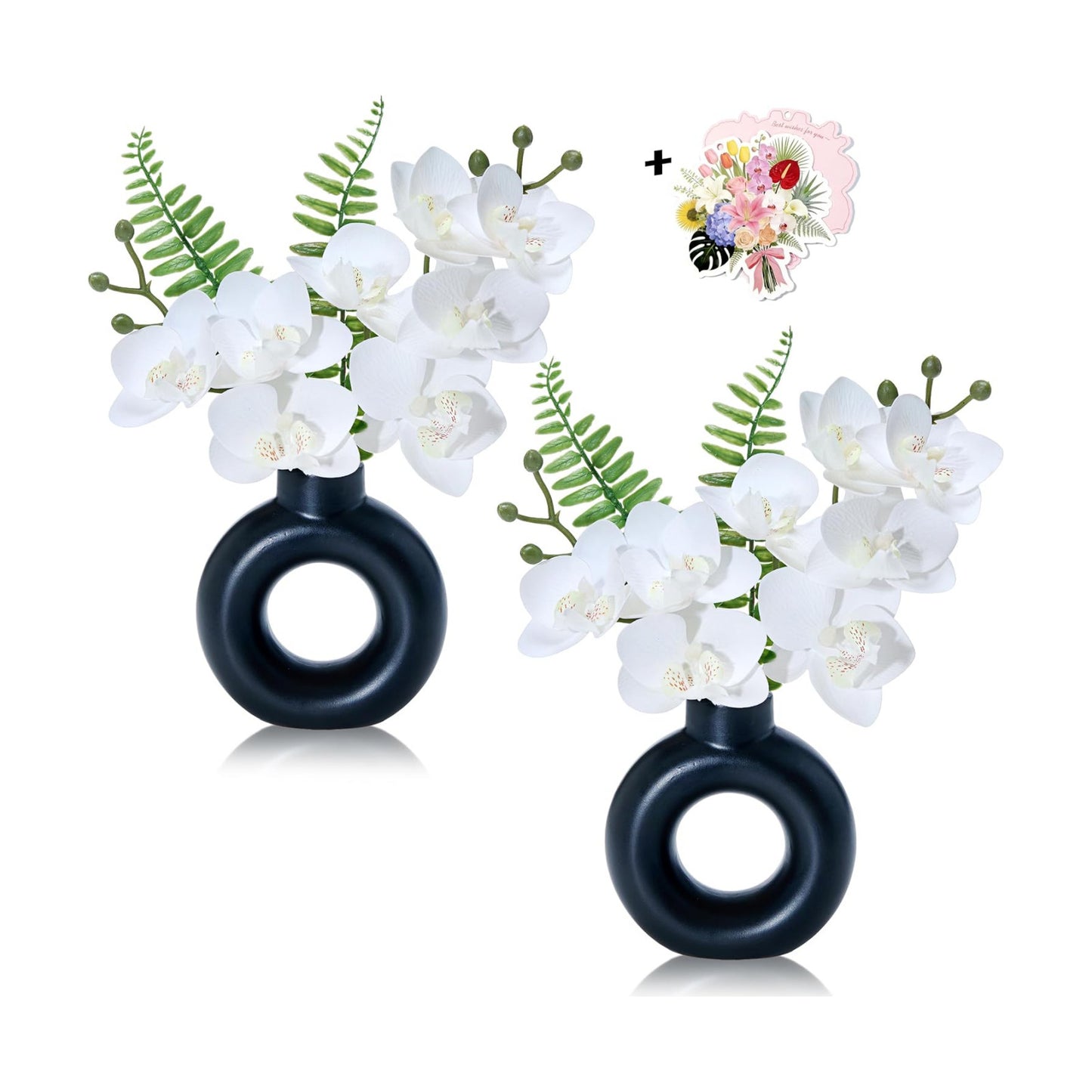 Artificial White Orchids in Black / 2pot White Orchid with Black Ceramic Vase / 10 Inch / Set of 2