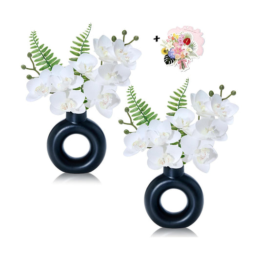 Artificial White Orchids in Black / 2pot White Orchid with Black Ceramic Vase / 10 Inch / Set of 2