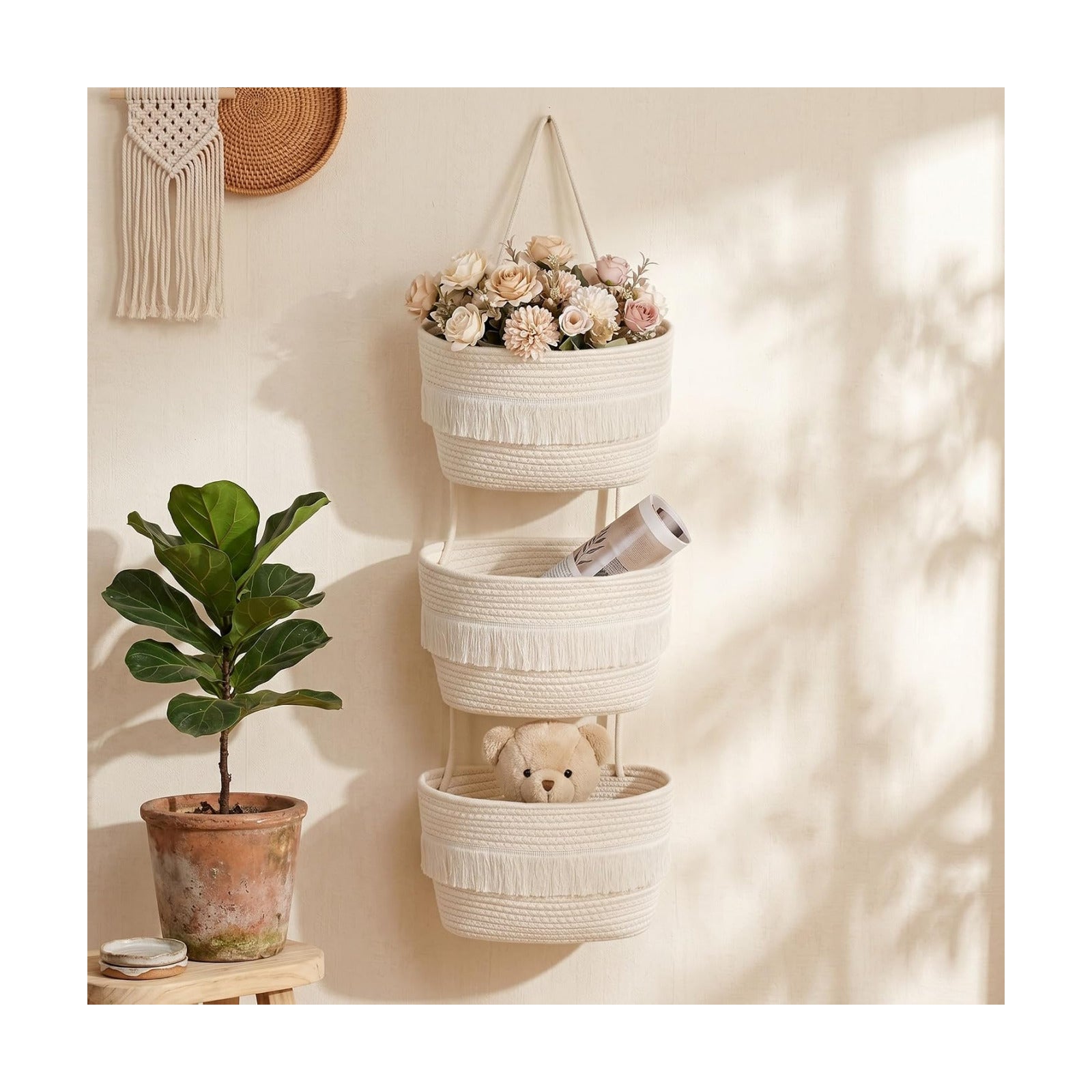 3-tier Tassel Hanging Basket Organizer / Neutral Color / Boho