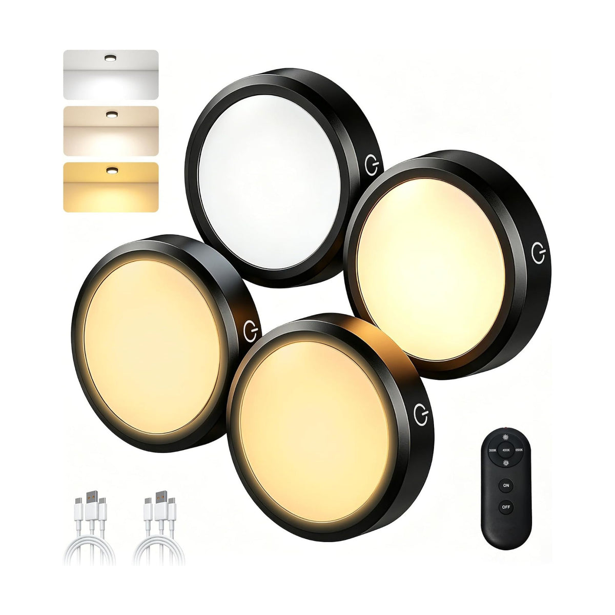 Puck Lights with Remote Control Rechargeable, Full-Screen Wireless LED Under Cabinet Lighting with Light Guide Plate,3