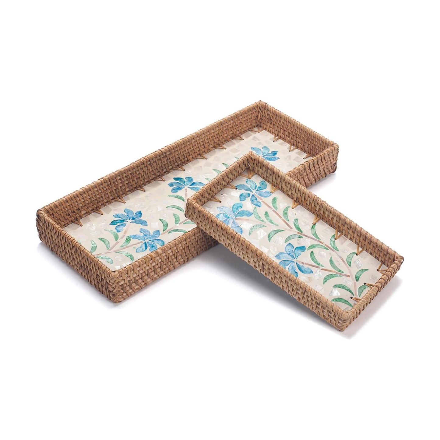 Rattan Bathroom Vanity Tray / Blue Narcissus / Set of 2