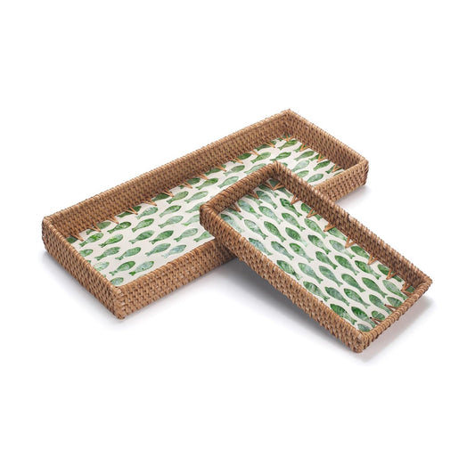 Rattan Bathroom Vanity Tray / Green Fish / Set of 2