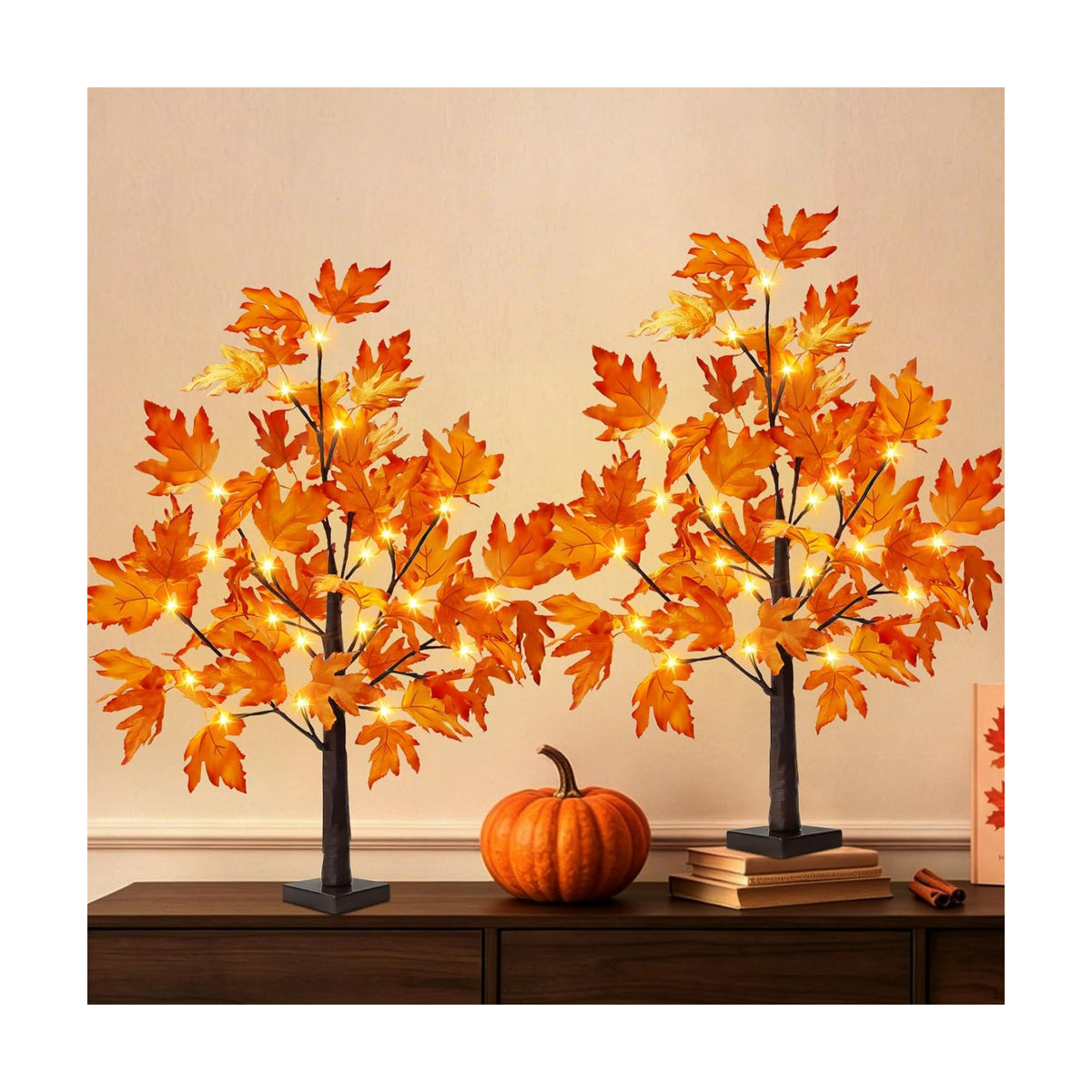2 Pack 2FT Fall Decorations for Home Artificial Fall Lighted Maple Tree