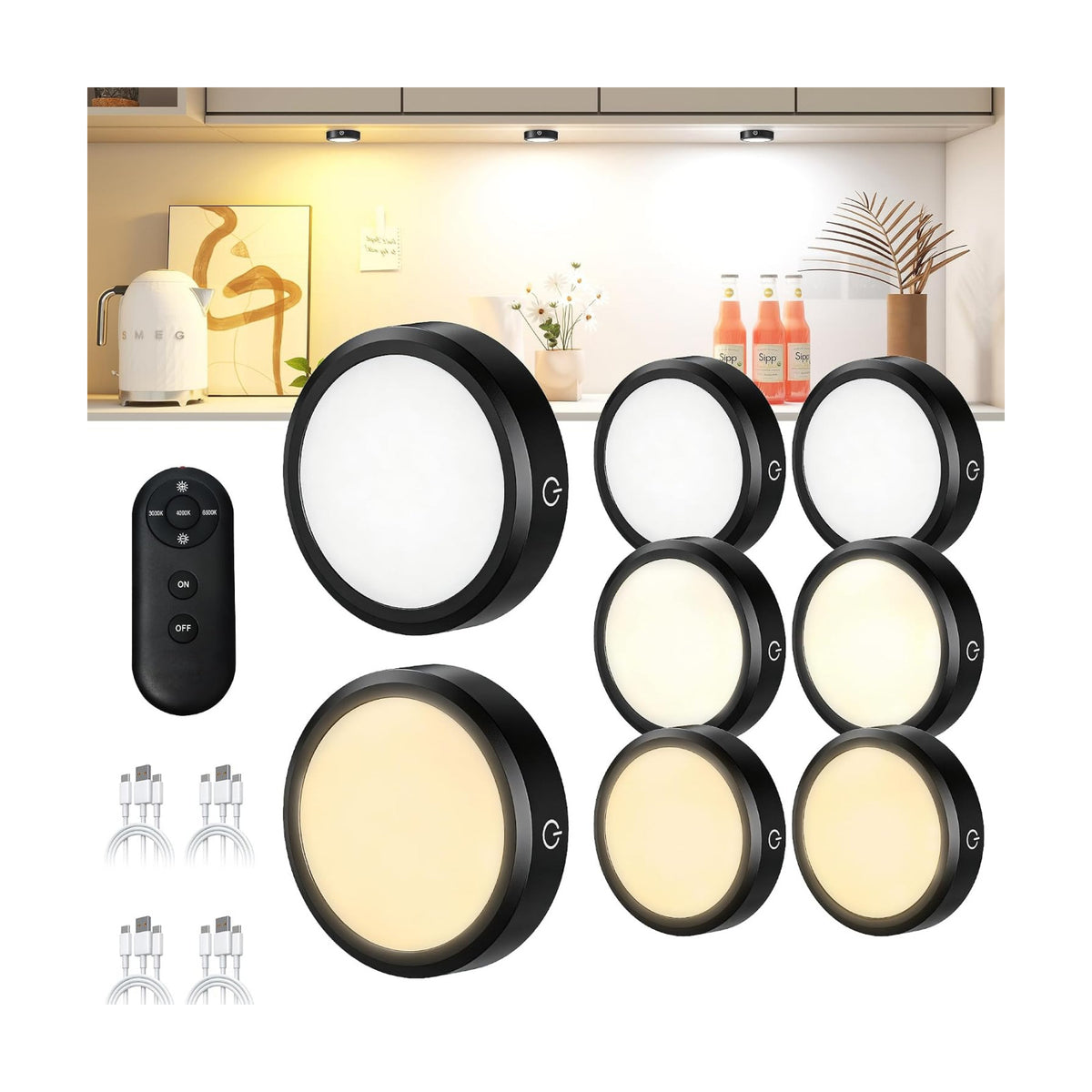 Puck Lights with Remote Control Rechargeable, Full-Screen Wireless LED Under Cabinet Lighting with Light Guide Plate,3