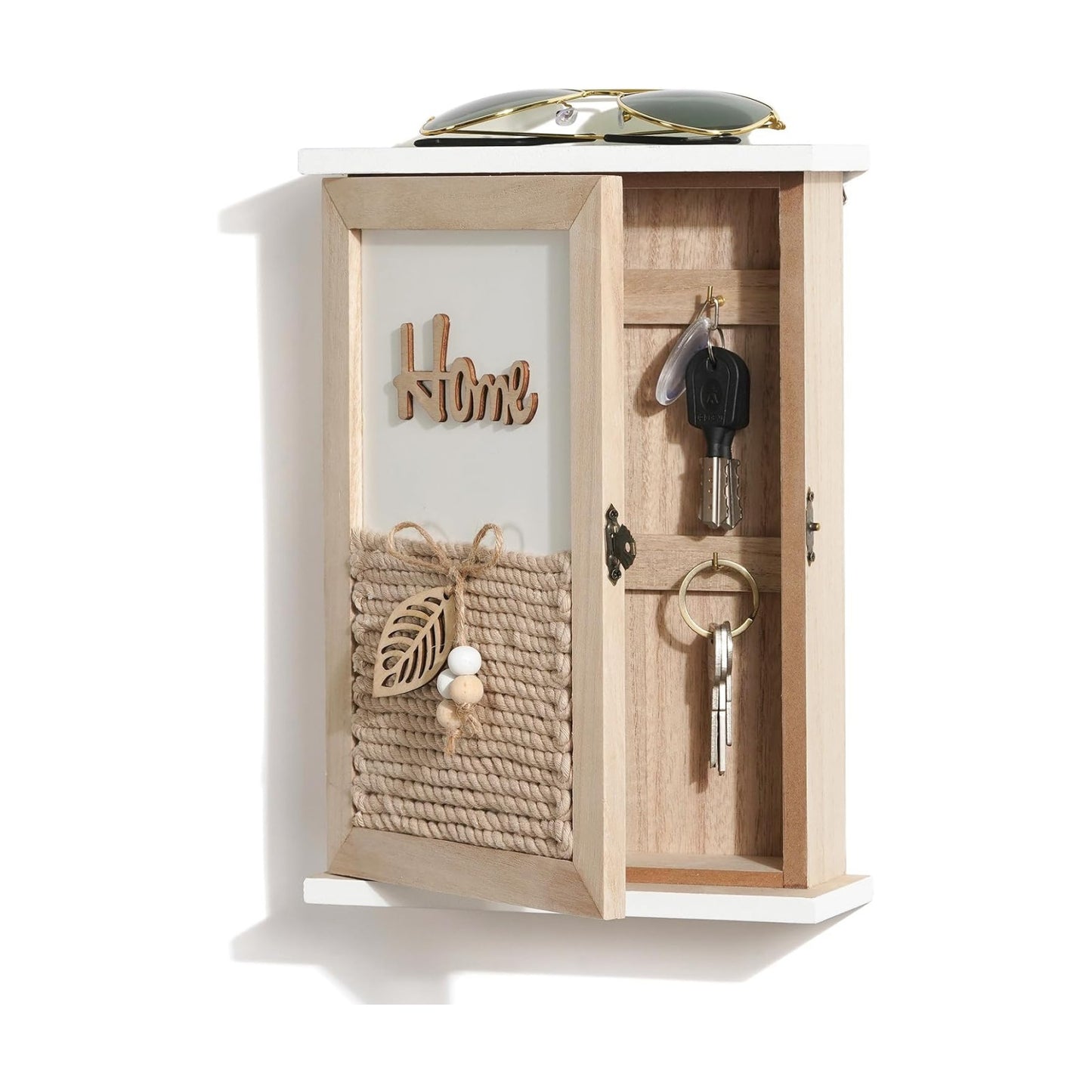 Rustic Wooden Key Holder Wall Mount Key Box / Natural Wood with Jute Rope