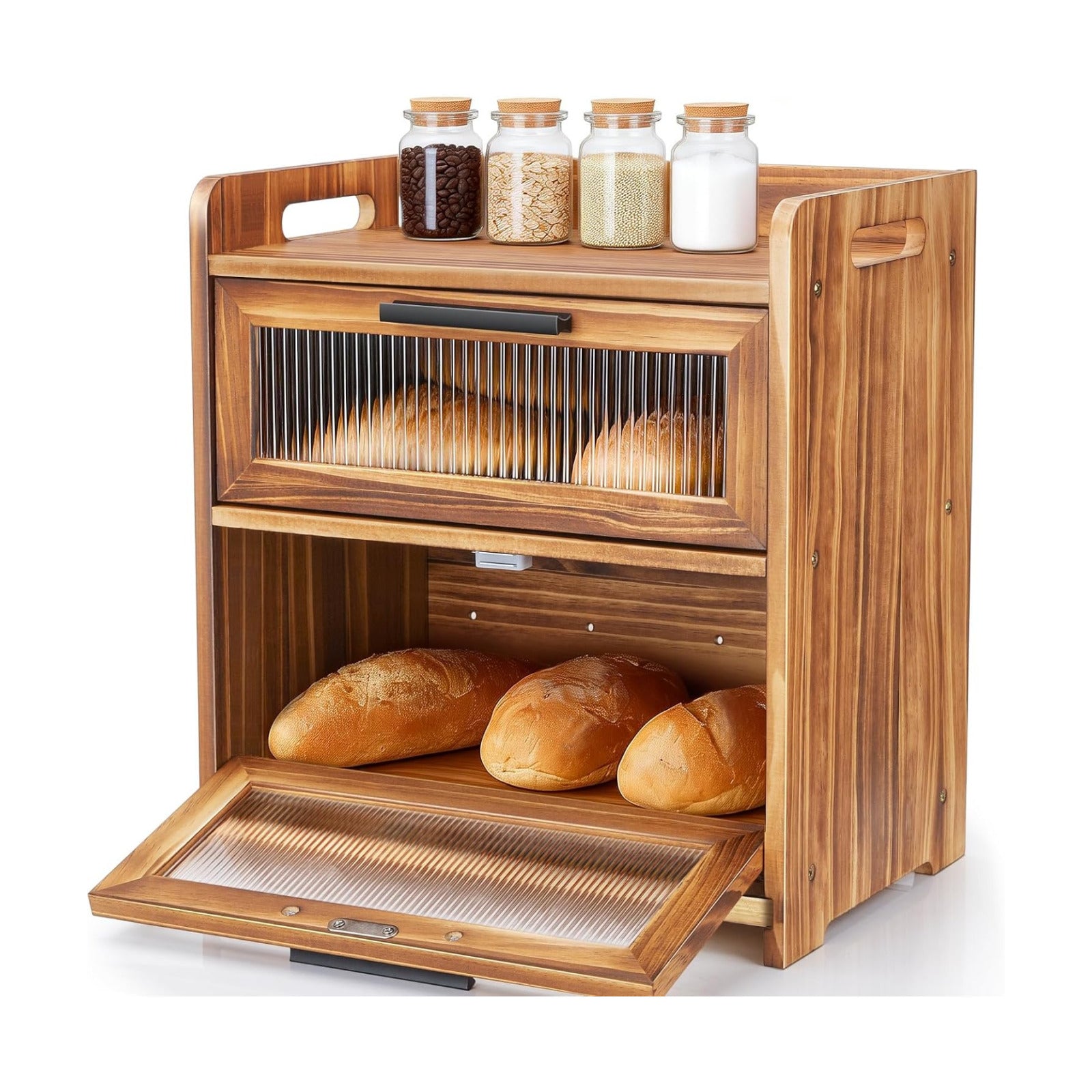 Bread Box for Kitchen Countertop, Large Wooden Breadbox with Cutting Board | Double Layer Bread Storage Container for
