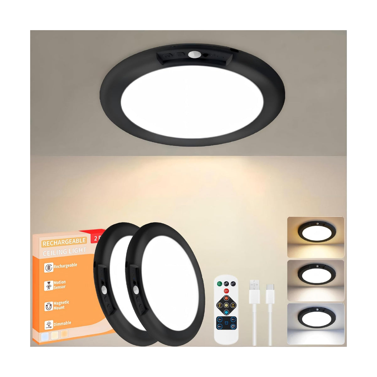 KYEKIO 2Pack Rechargeable LED Ceiling Light/Shower Light with Remote | Motion Sensor, Wireless Magnetic Easy-Install, 3