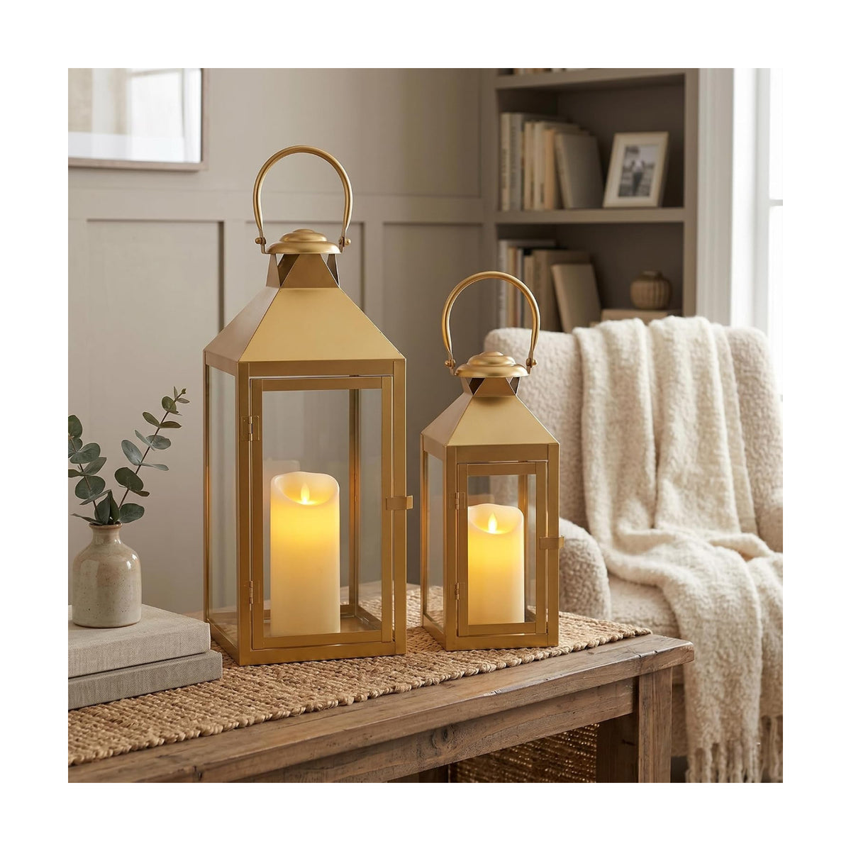 JHY DESIGN Set of 2 Gold Decorative Candle Lanterns 17.5"&13.5" H Metal Hanging Candle Holders for Indoor Outdoor Home