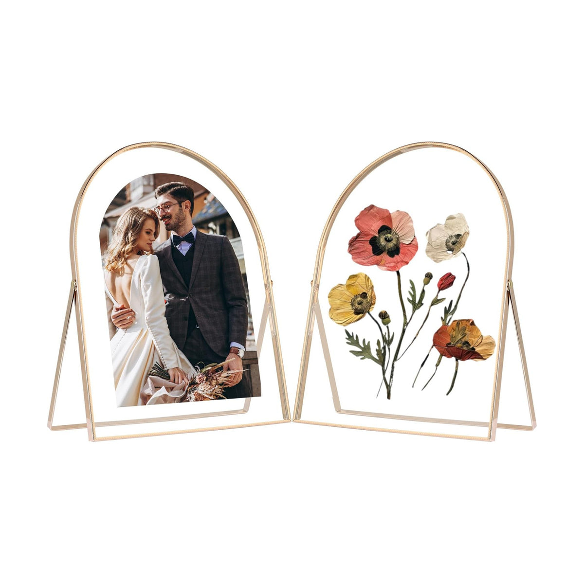 Gold 8x10'' Arched Floating Frame Set of 2,For Photo Sizes (5x7'',6x8'',7x9''),Beautiful Dry Flower Metal Beaded Arched