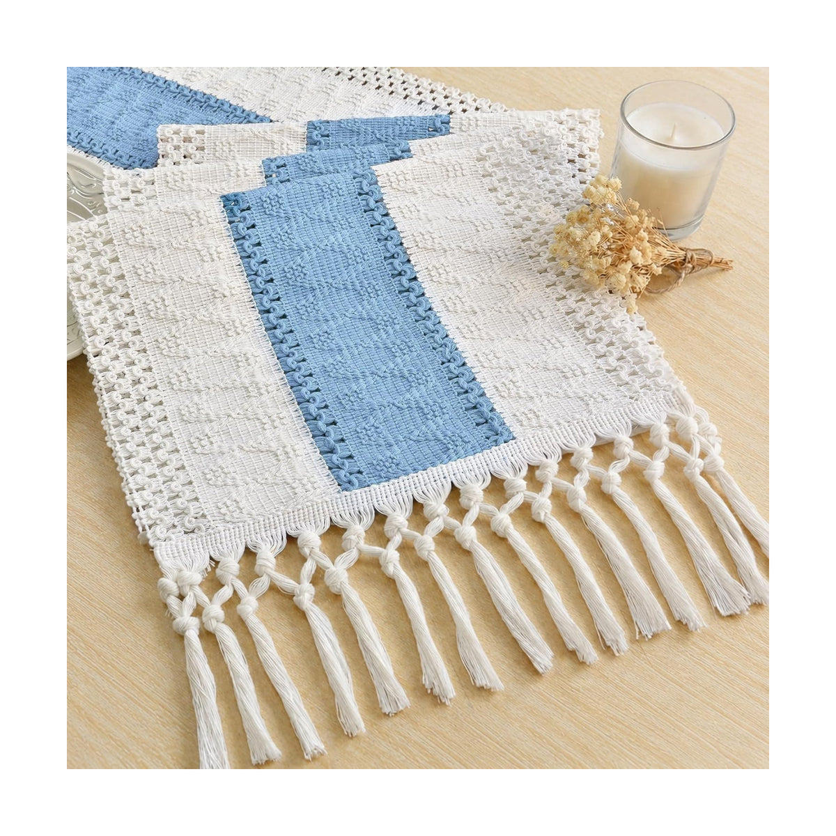 FEXIA Boho Table Runner for Home Decor 12x72 Light Blue Farmhouse Decor