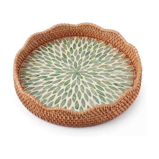 Scalloped Round Rattan Tray / Leaf Style / 12 Inch