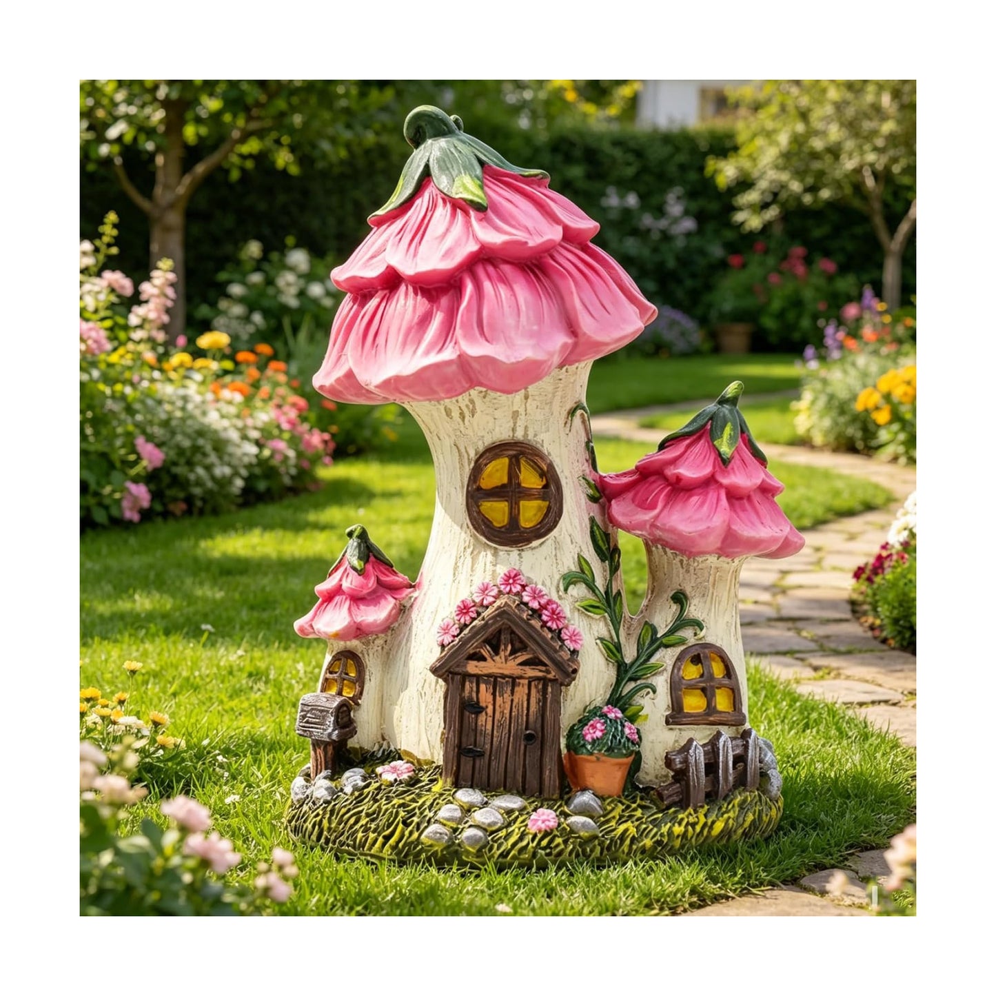 Mushroom House Fairy Garden Statue / Pink / 7.7 Inch