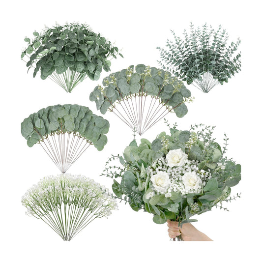 5 Kinds Mixed Artificial Eucalyptus Leaves Stems Bulk Babys Breath / Mix Green / Set of 200