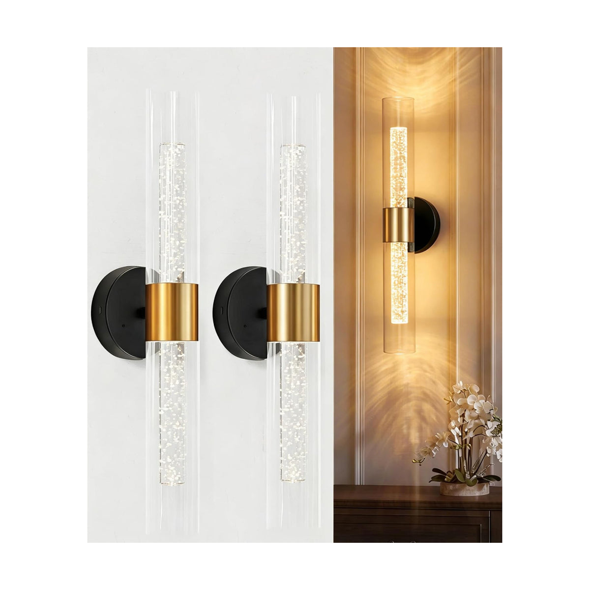 Black Gold Wall Sconces Battery Operated with Remote Control 21.5 Inch 3CCT | Rechargeable Wall Sconce with Timer