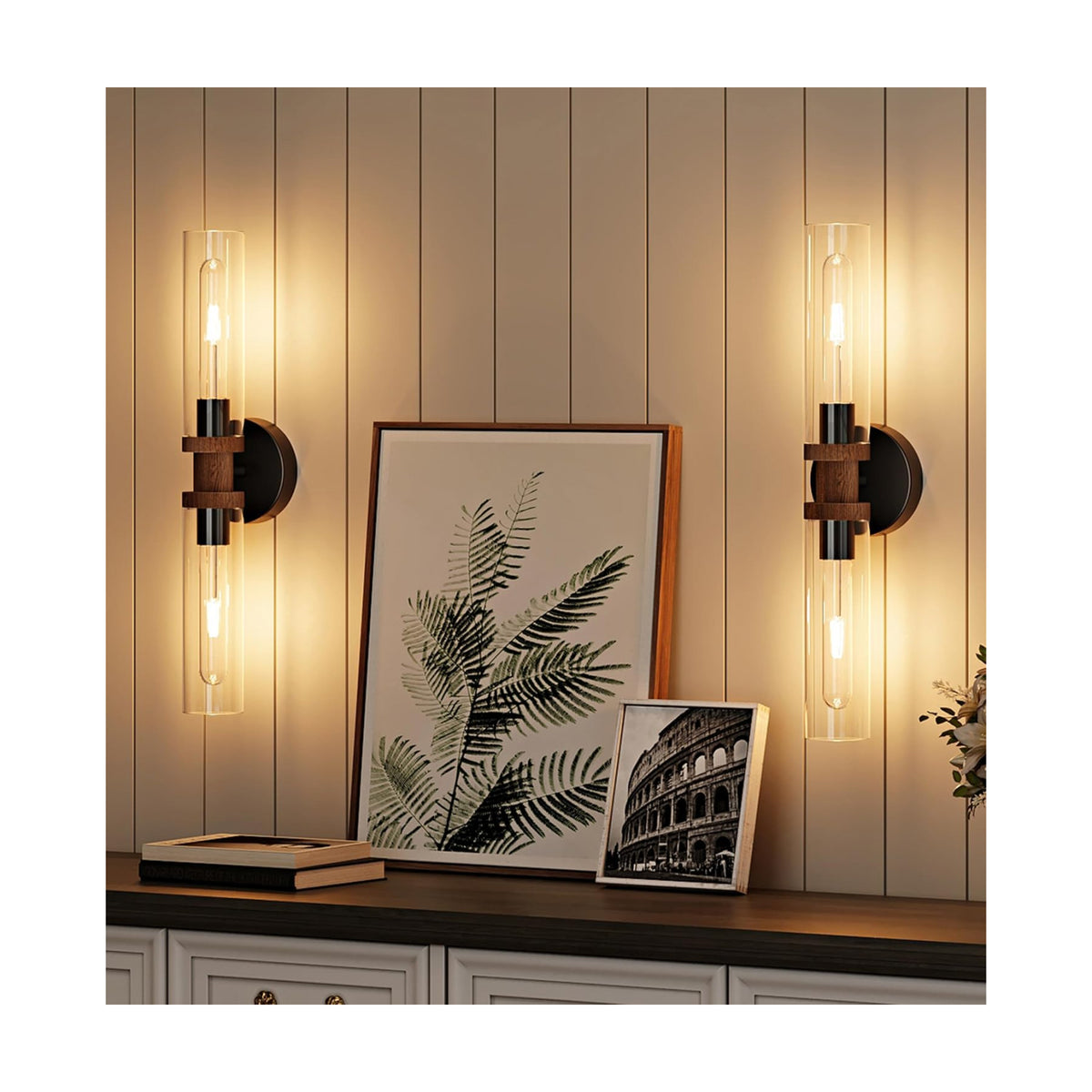 Rayogale Black & Walnut Wireless Battery Operated Wall Sconce with Remote | Dimmable Rechargeable Wall Lights Set of 2