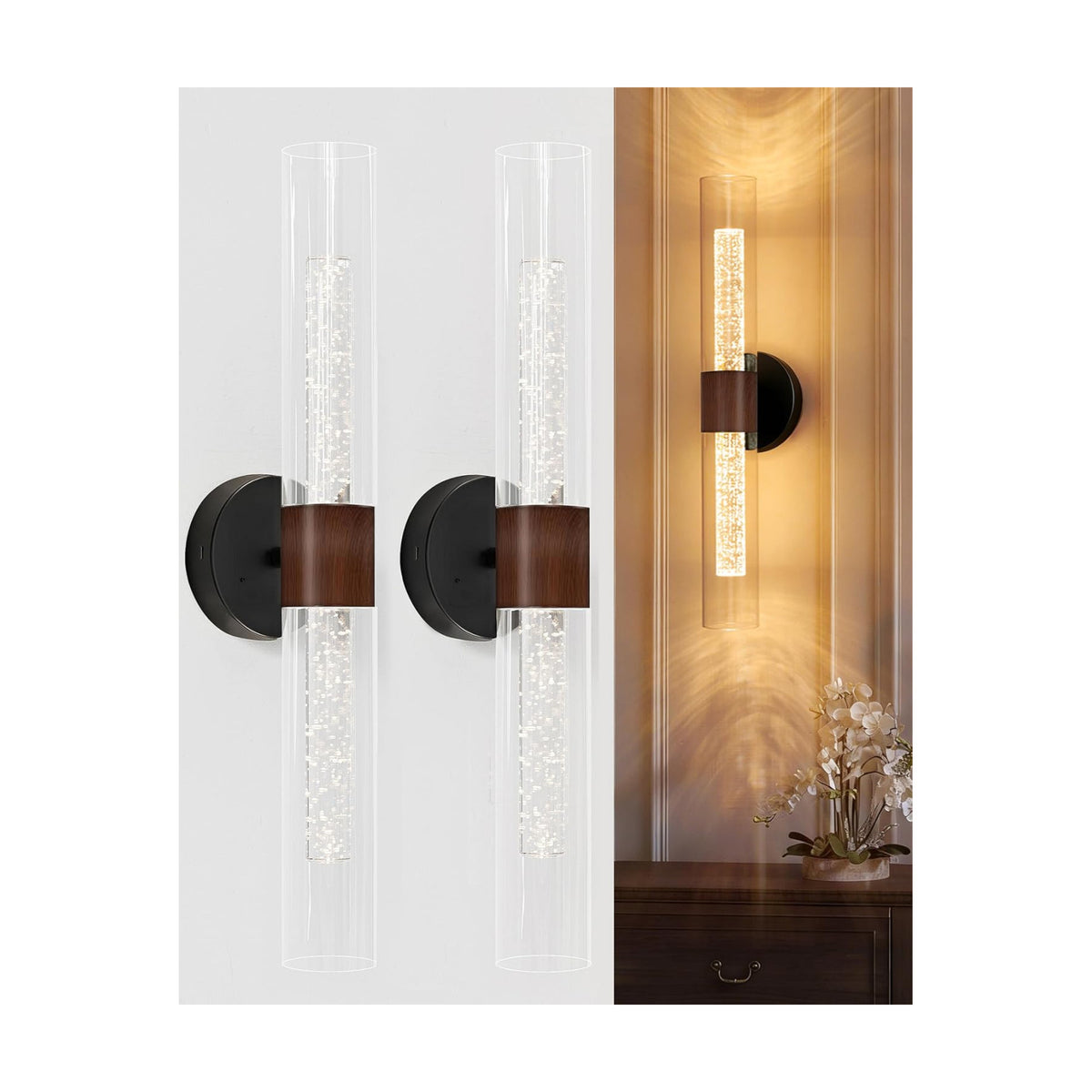 Black Walnut Wall Sconces Battery Operated with Remote, 21.5 Inch 3CCT | Rechargeable Wall Sconce with Timer, Dimmable