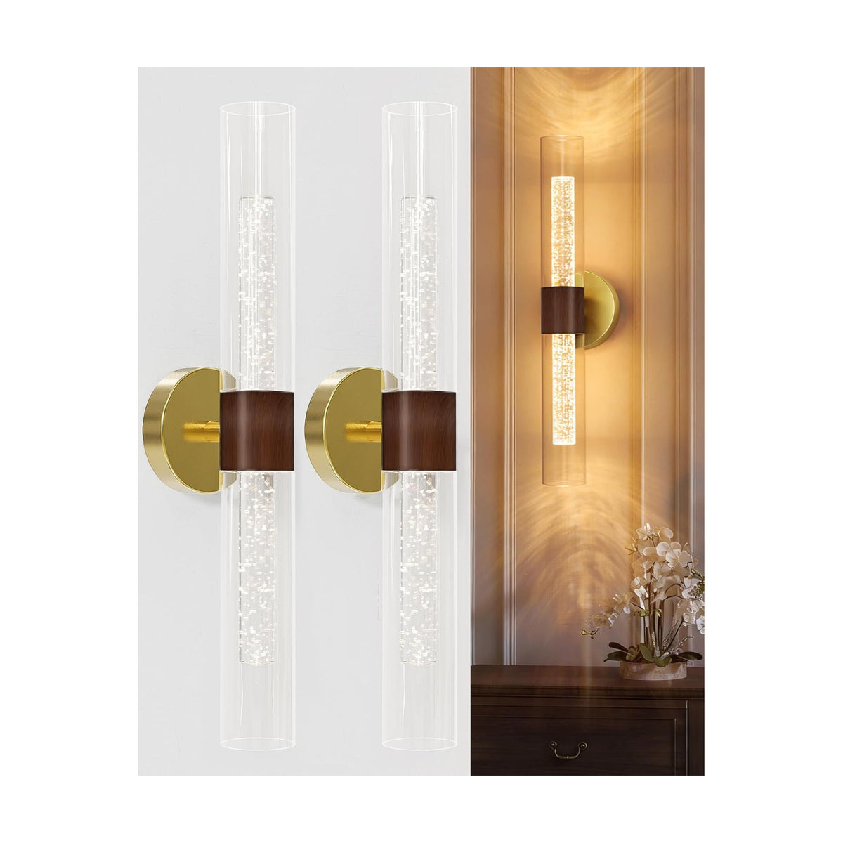 Gold Walnut Wall Sconces Battery Operated with Remote, 21.5 Inch 3CCT | Rechargeable Wall Sconce with Timer, Dimmable