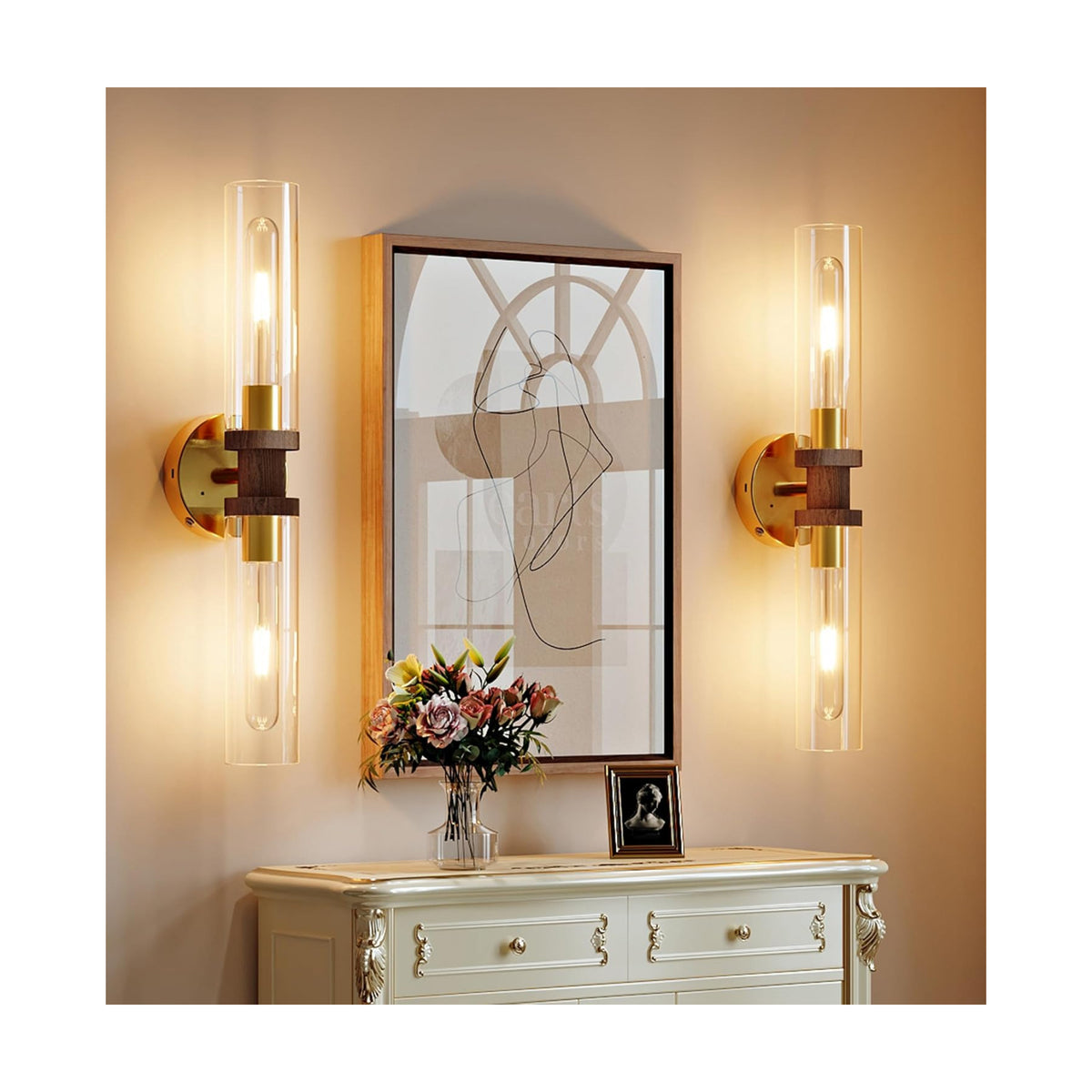 Rayogale Gold & Walnut Wireless Battery Operated Wall Sconce with Remote | Dimmable Rechargeable Wall Lights Set of 2