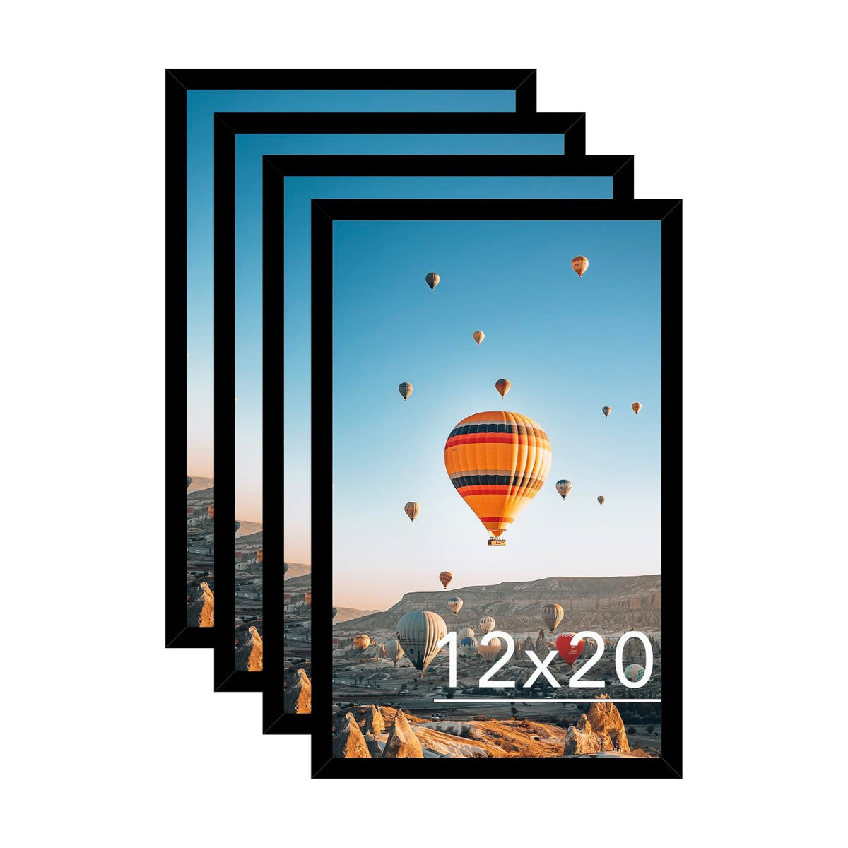 JCJMY 12x20 Picture Frame Set of 4 Black for Poster Photo Picture, Horizontal and Vertical Formats for Wall Hanging, 12