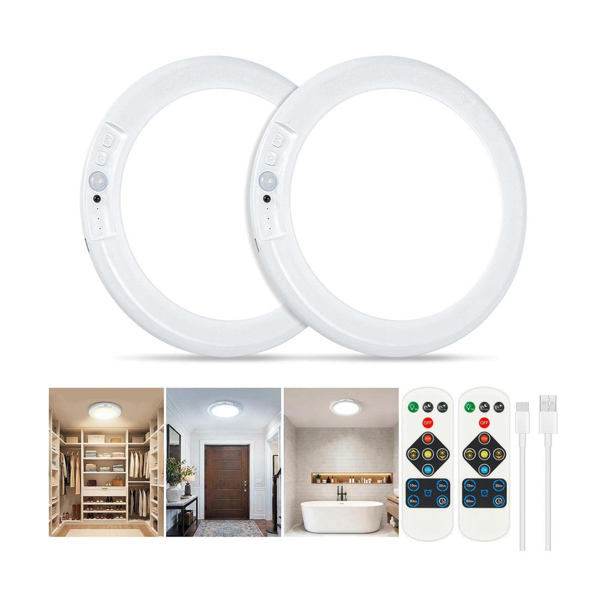 Rechargeable Ceiling Light 2 Pack, Magnetic Motion Sensor with Remote | Wireless Dimmable Battery Operated LED Ceiling