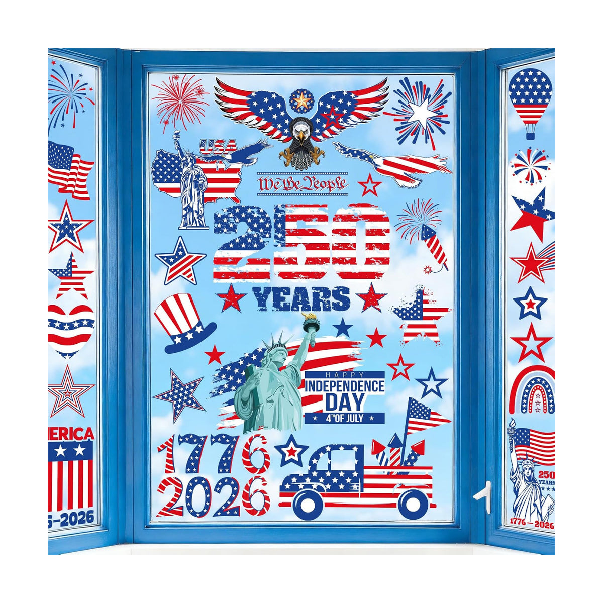124 PCS 4th of July Window Clings, 9 Sheets 250th Anniversary Fourth of July Decorations, Red White Blue Independence Day Decor with USA Flags Eagles, Patriotic Window Clings for Home Parade